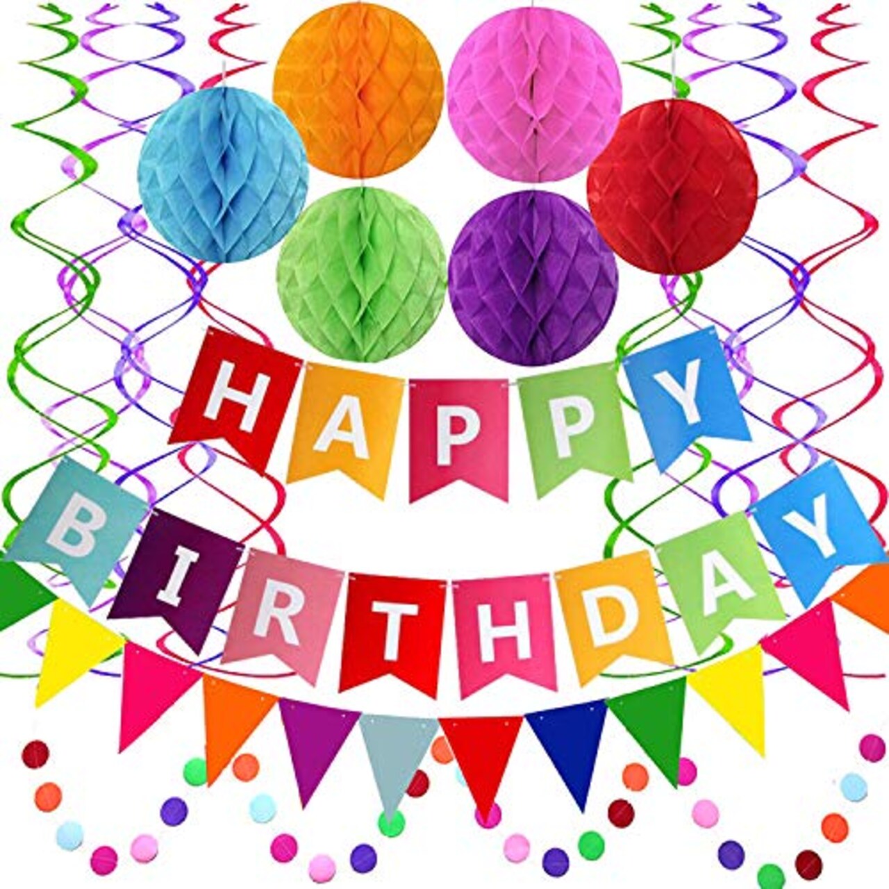 Happy Birthday Banner with Colorful Paper Flag Bunting, Paper Circle Confetti, Garland, Swirl Streamers, and Honeycomb Balls for Birthday Party Decorations